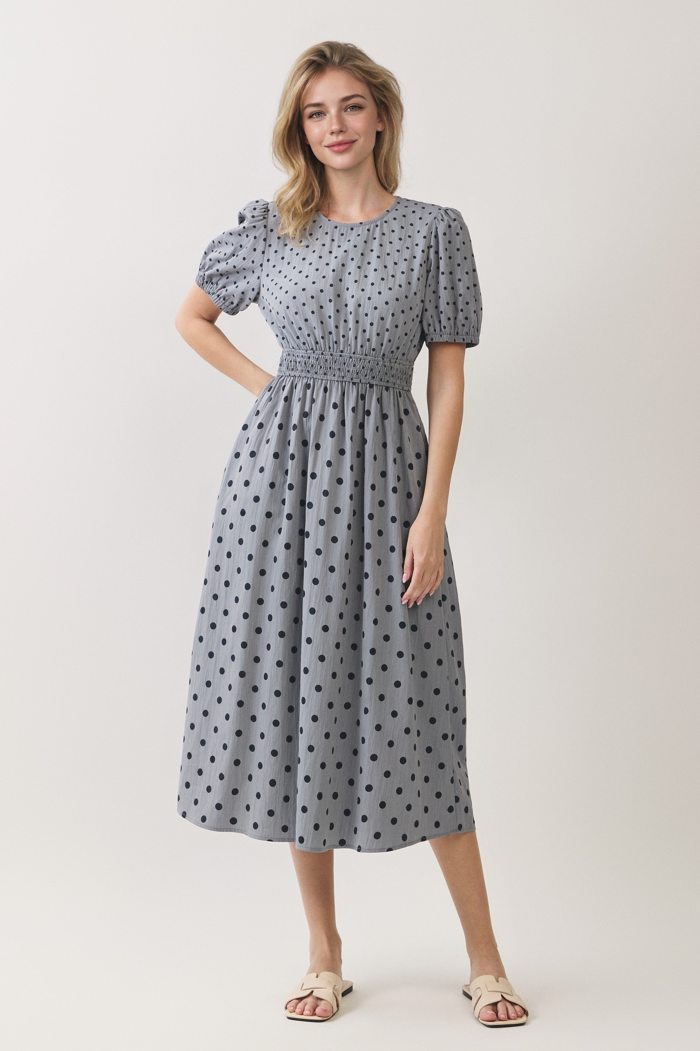 Polka Dot Smocked Waist Puff Sleeve Midi Dress