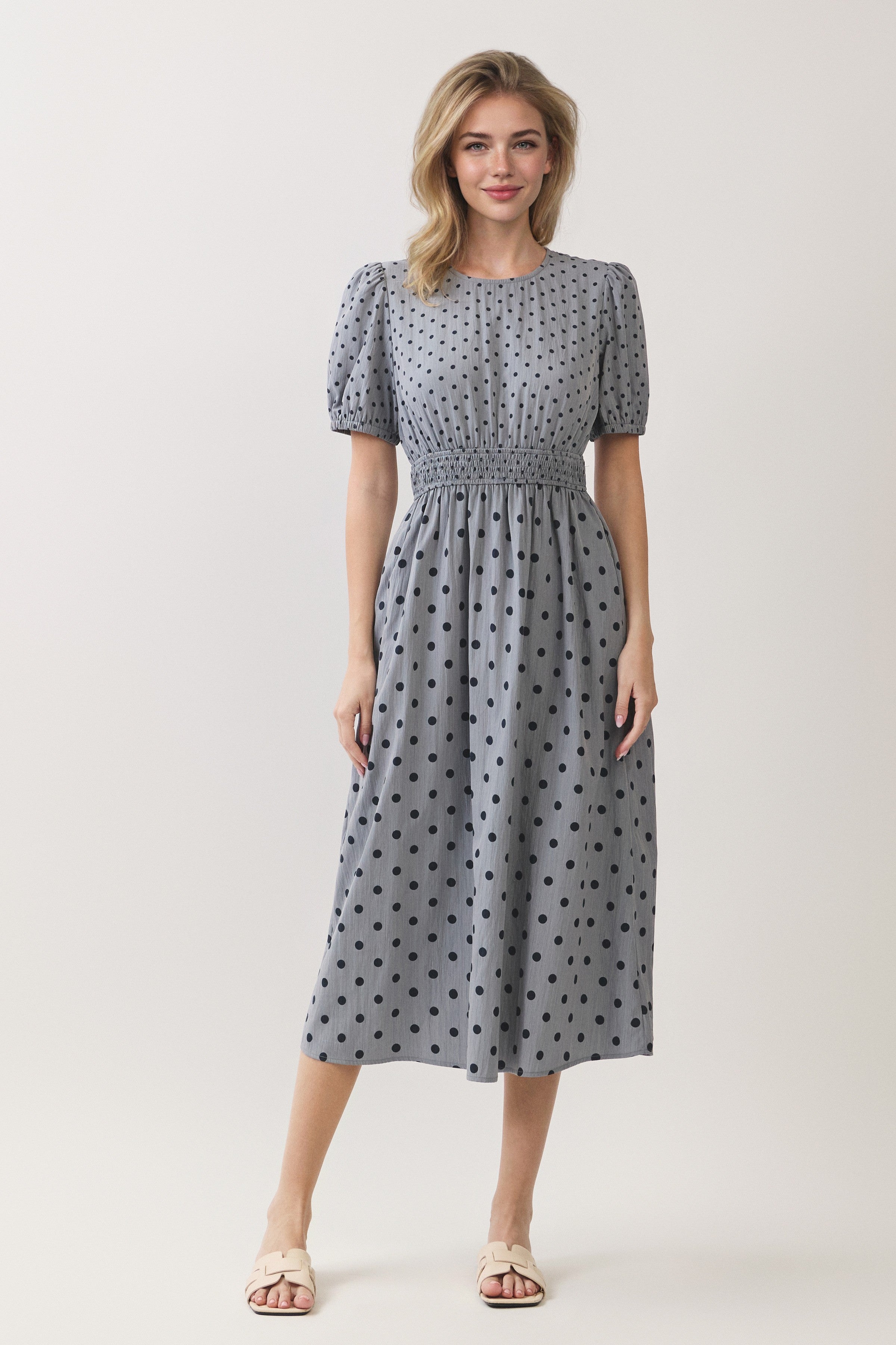 Polka Dot Smocked Waist Puff Sleeve Midi Dress