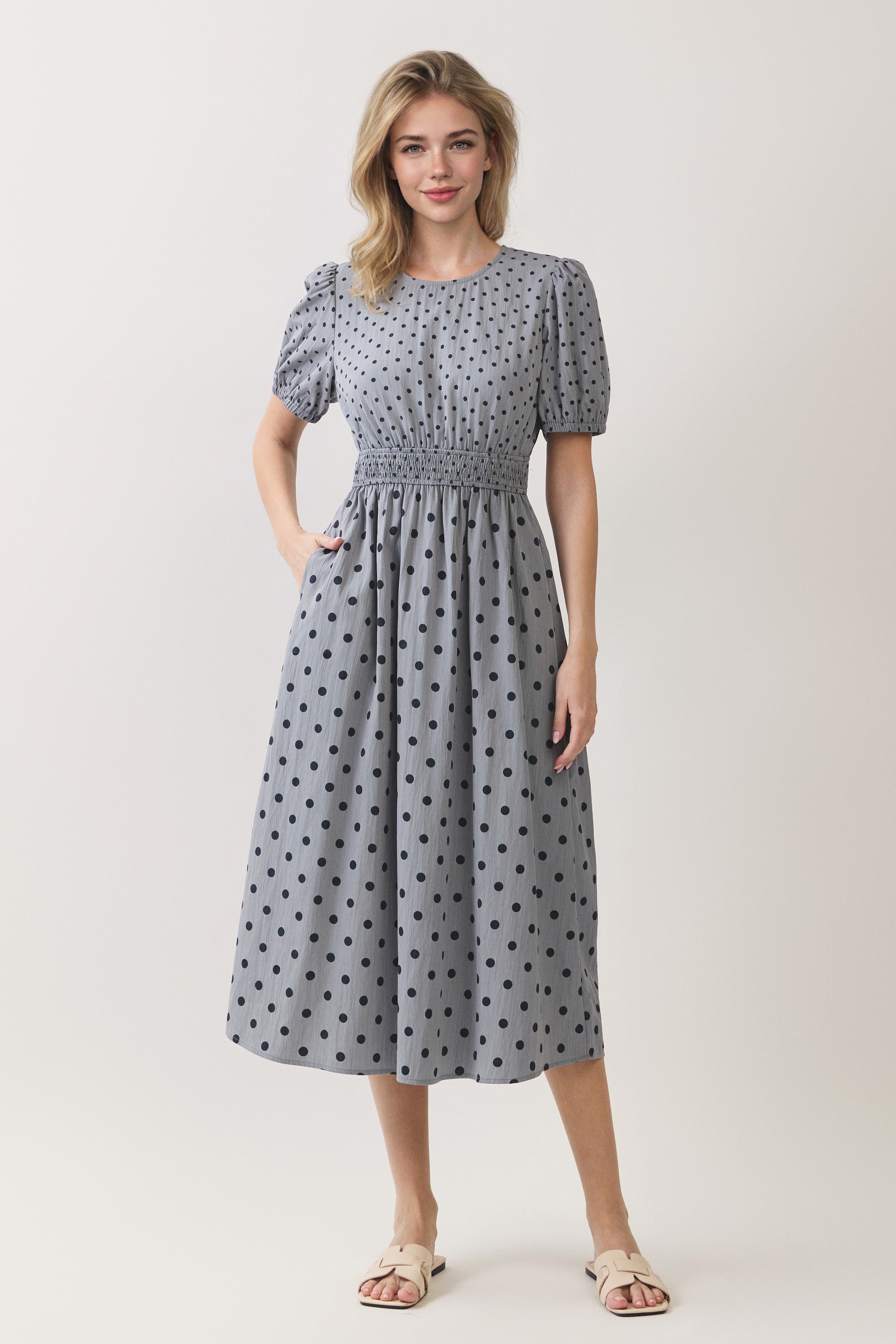 Polka Dot Smocked Waist Puff Sleeve Midi Dress