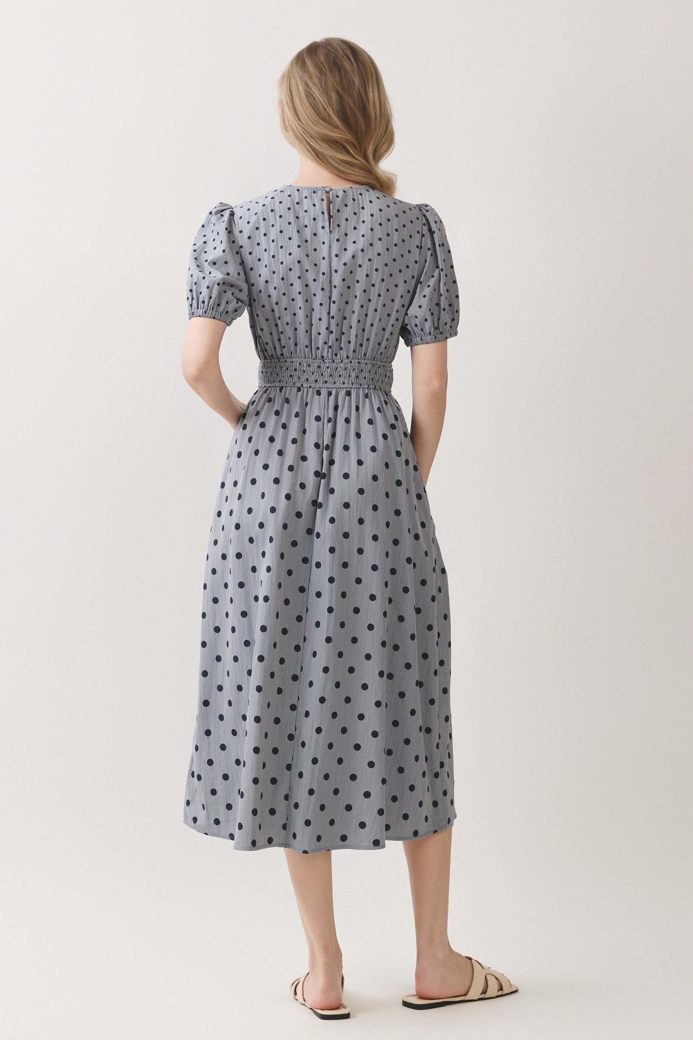 Polka Dot Smocked Waist Puff Sleeve Midi Dress