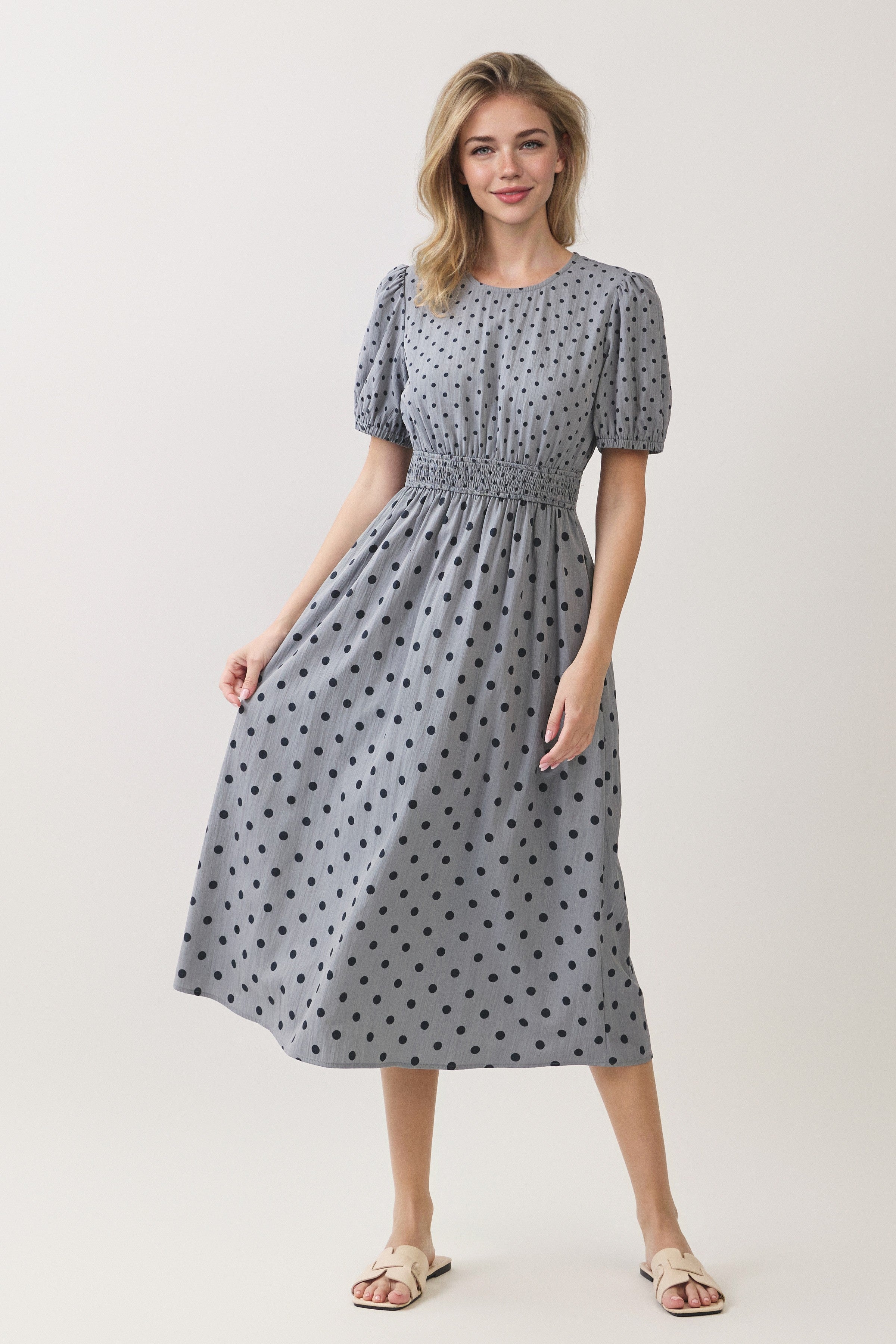 Polka Dot Smocked Waist Puff Sleeve Midi Dress
