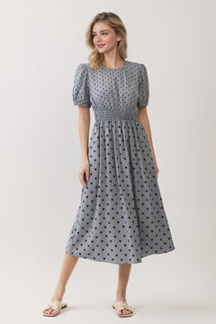 Polka Dot Smocked Waist Puff Sleeve Midi Dress
