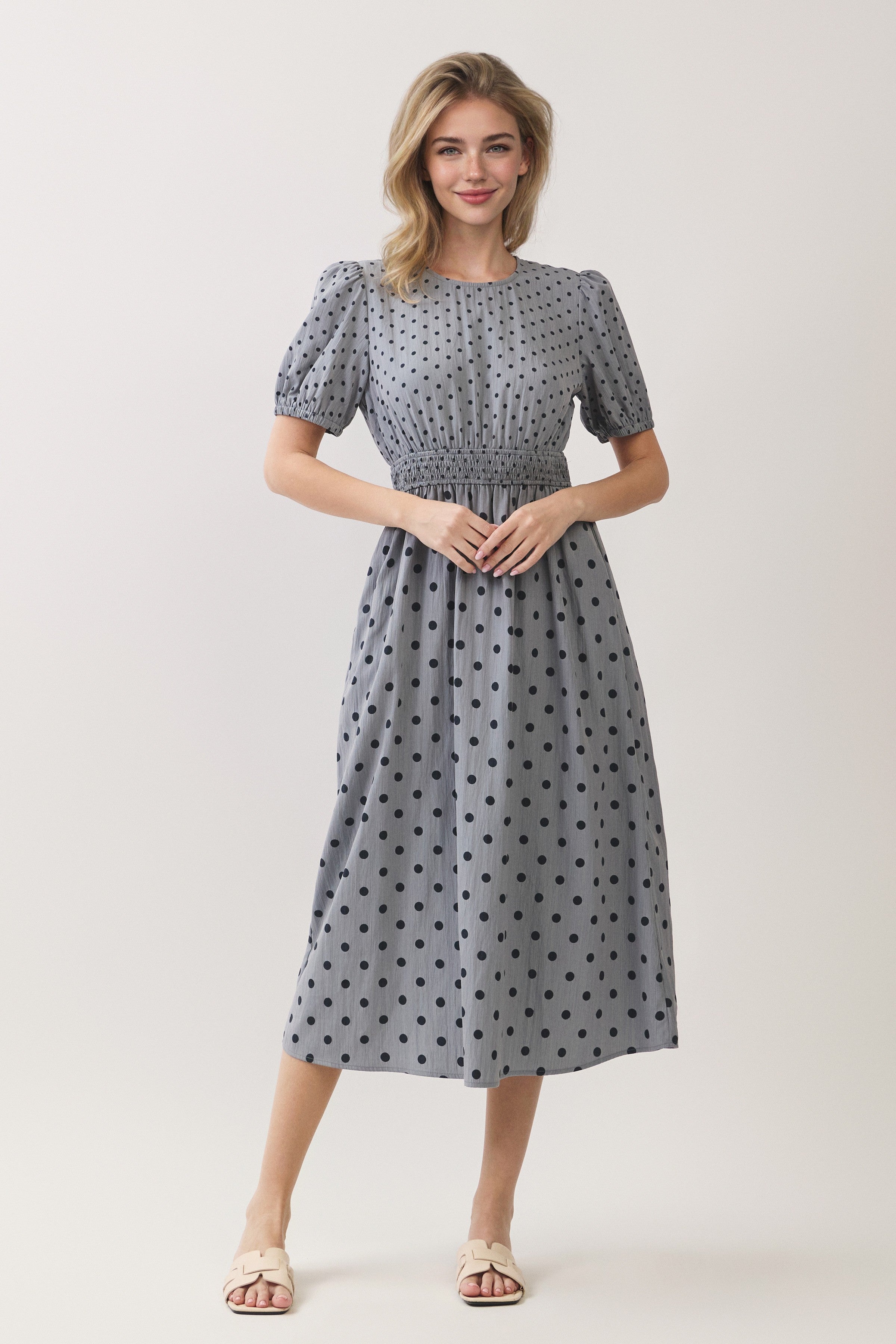 Polka Dot Smocked Waist Puff Sleeve Midi Dress