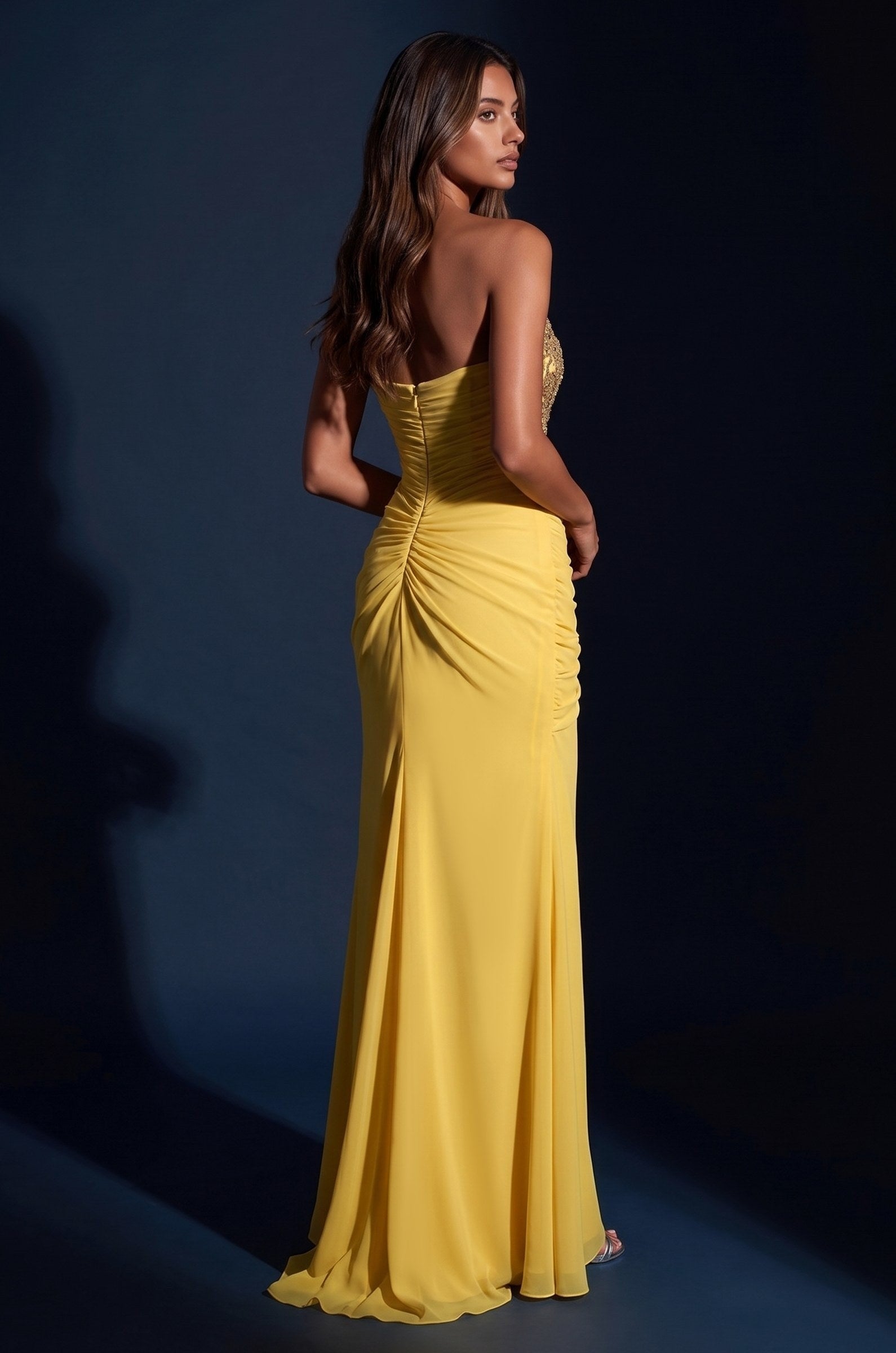 Prom Strapless Beaded Bodice Ruched Formal Dress
