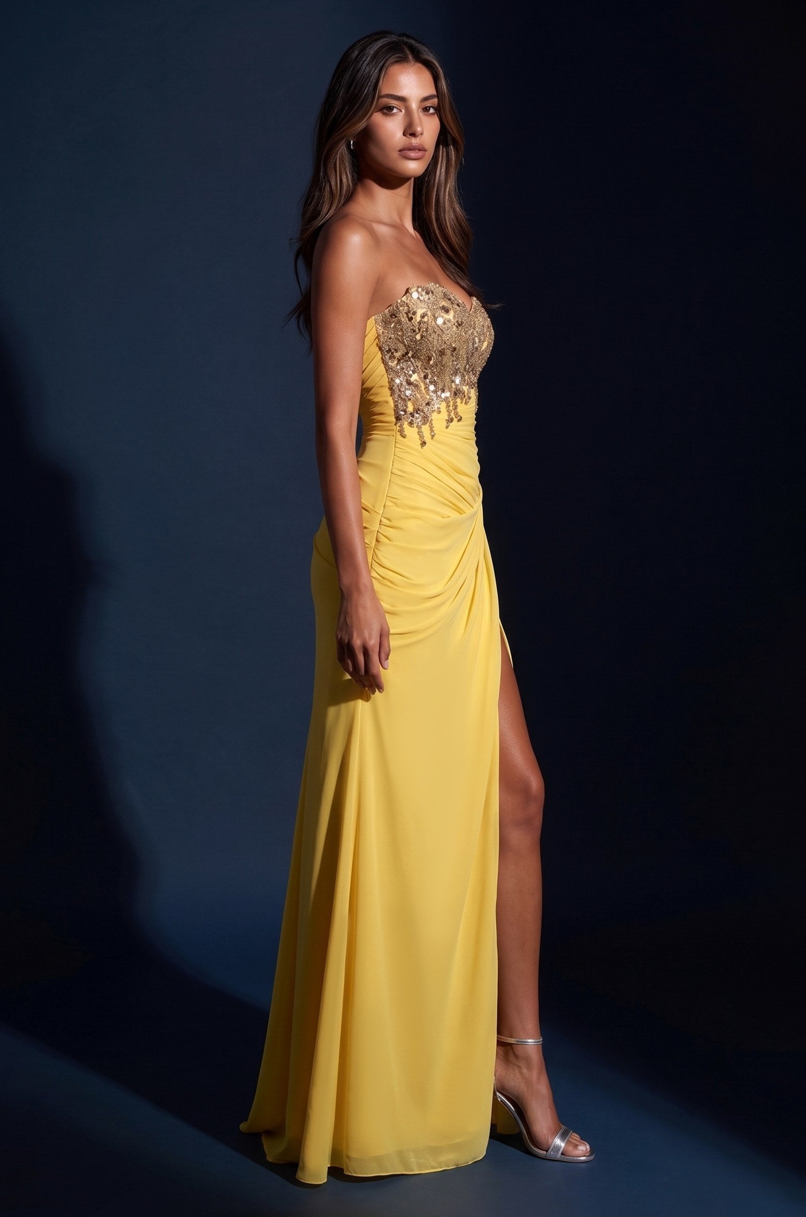 Prom Strapless Beaded Bodice Ruched Formal Dress
