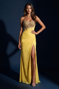 Prom Strapless Beaded Bodice Ruched Formal Dress