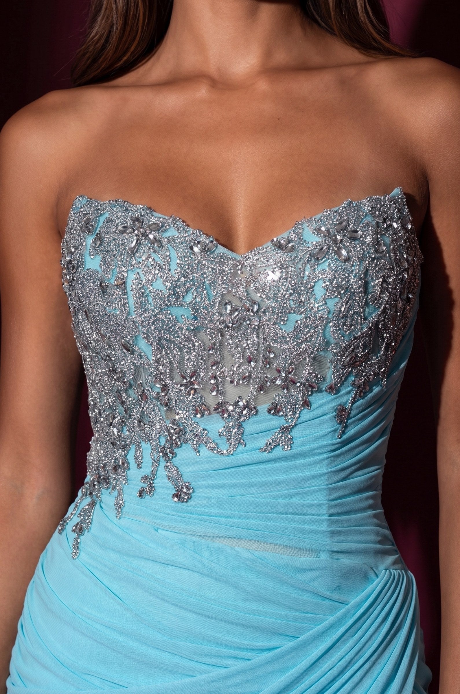 Prom Strapless Beaded Bodice Ruched Formal Dress