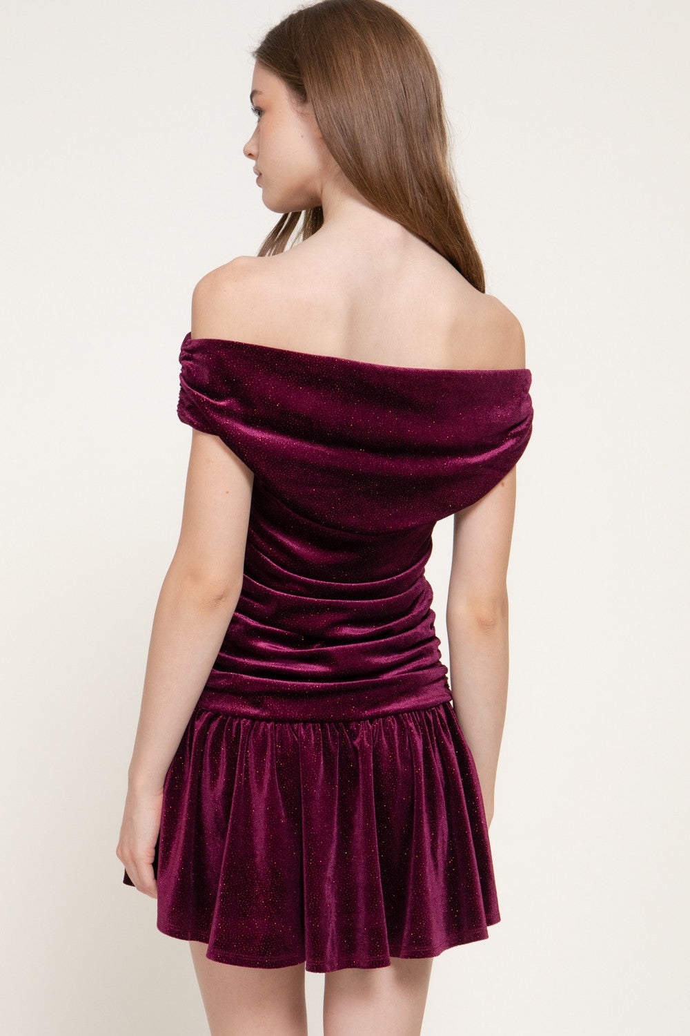 Off The Shoulder Sparkle Glitter Velvet Mini Dress