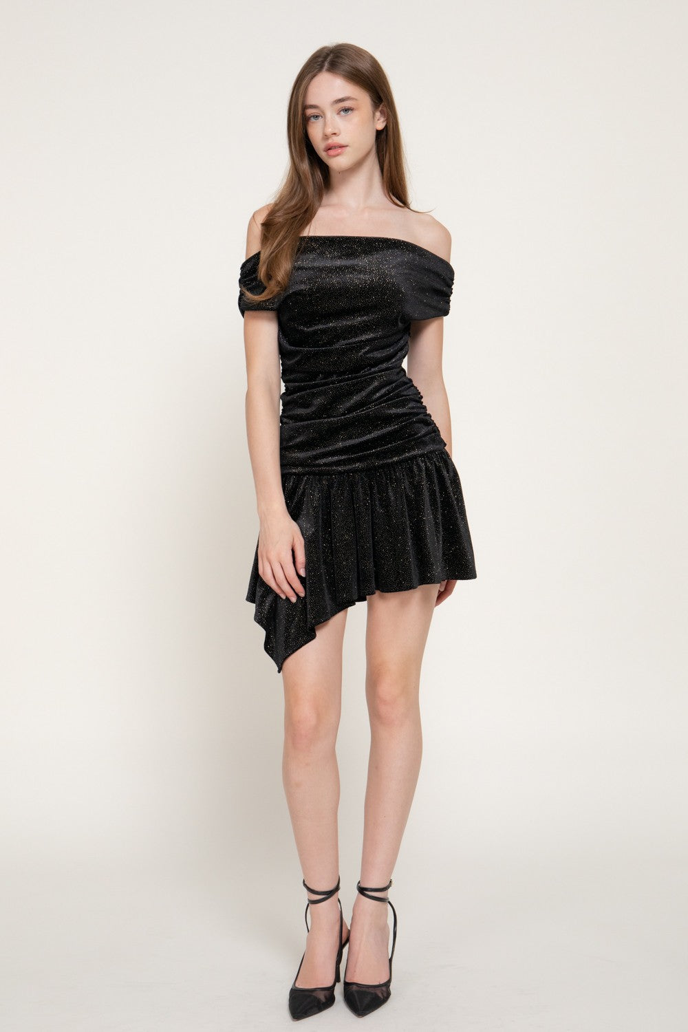 Off The Shoulder Sparkle Glitter Velvet Mini Dress