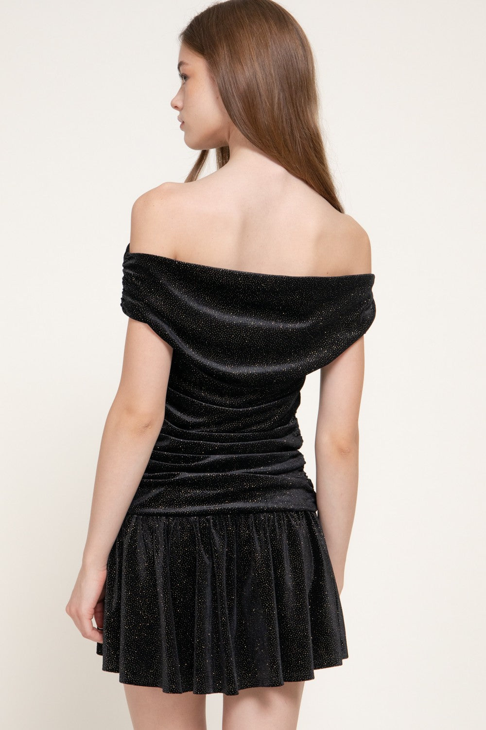 Off The Shoulder Sparkle Glitter Velvet Mini Dress