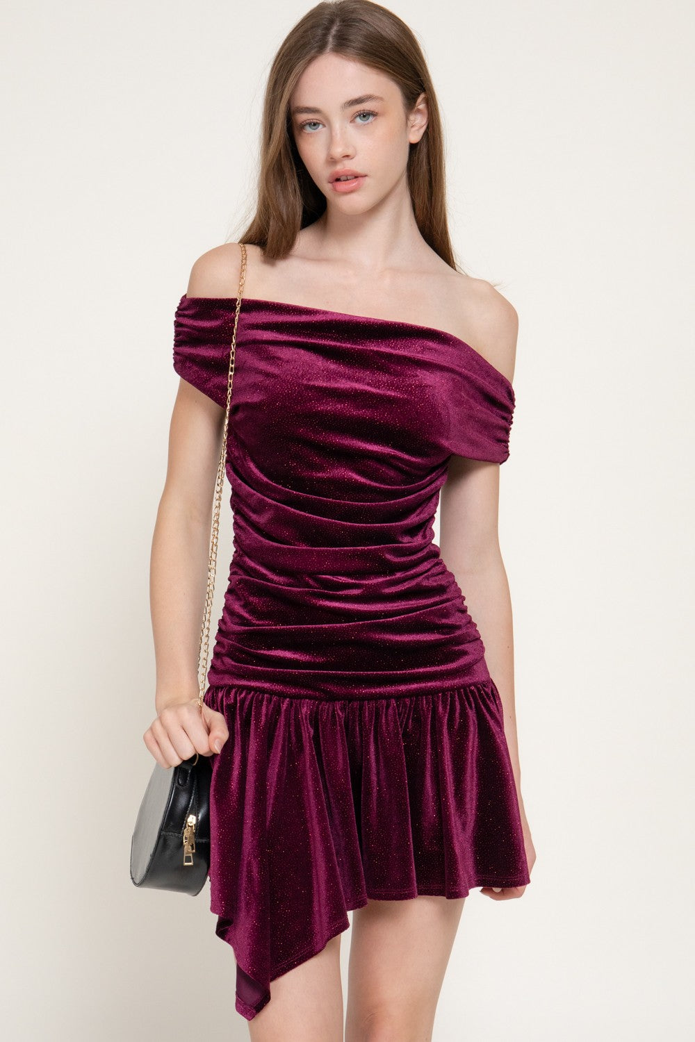Off The Shoulder Sparkle Glitter Velvet Mini Dress