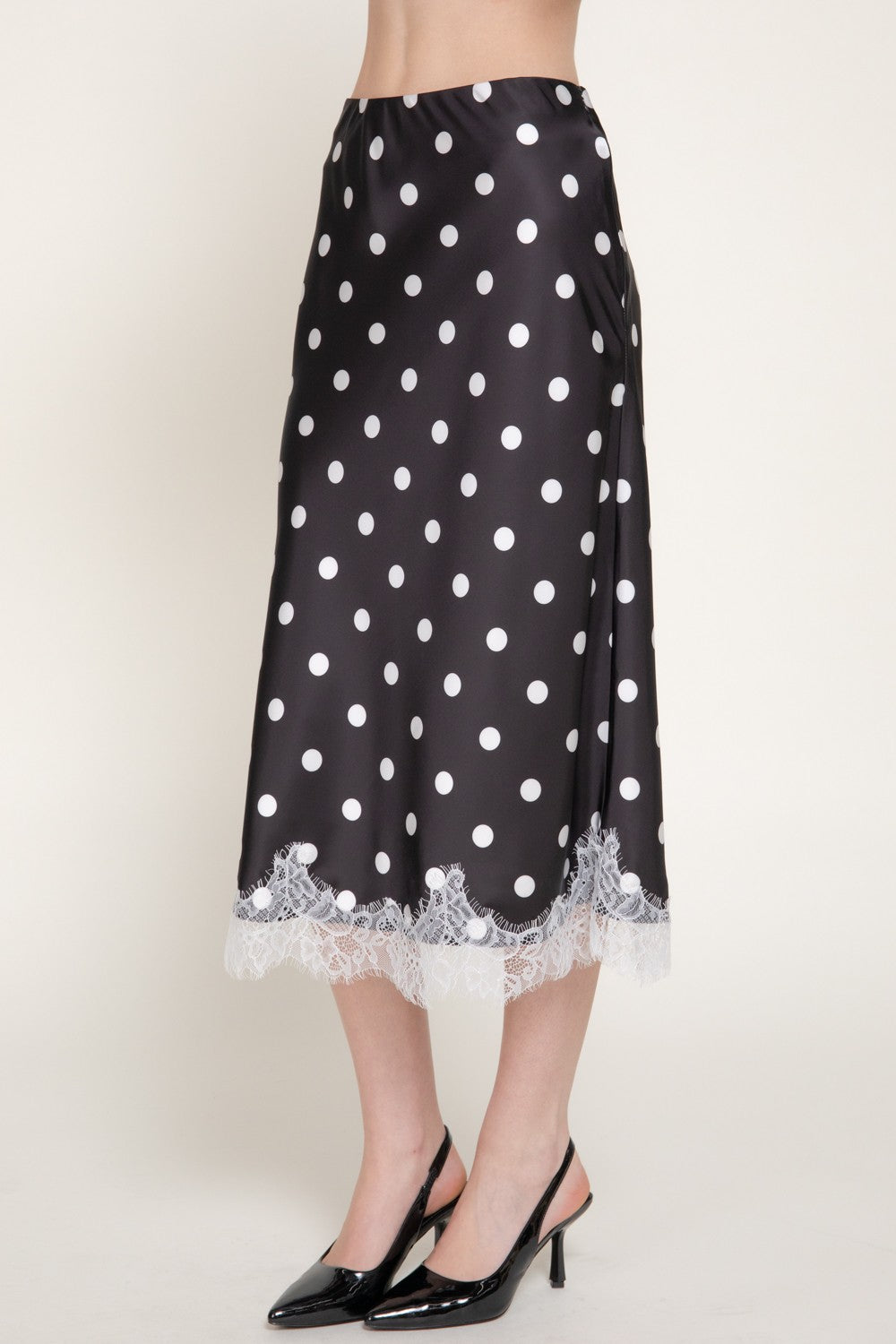 Tonal Lace Trim Dot Print Satin Midi Skirt