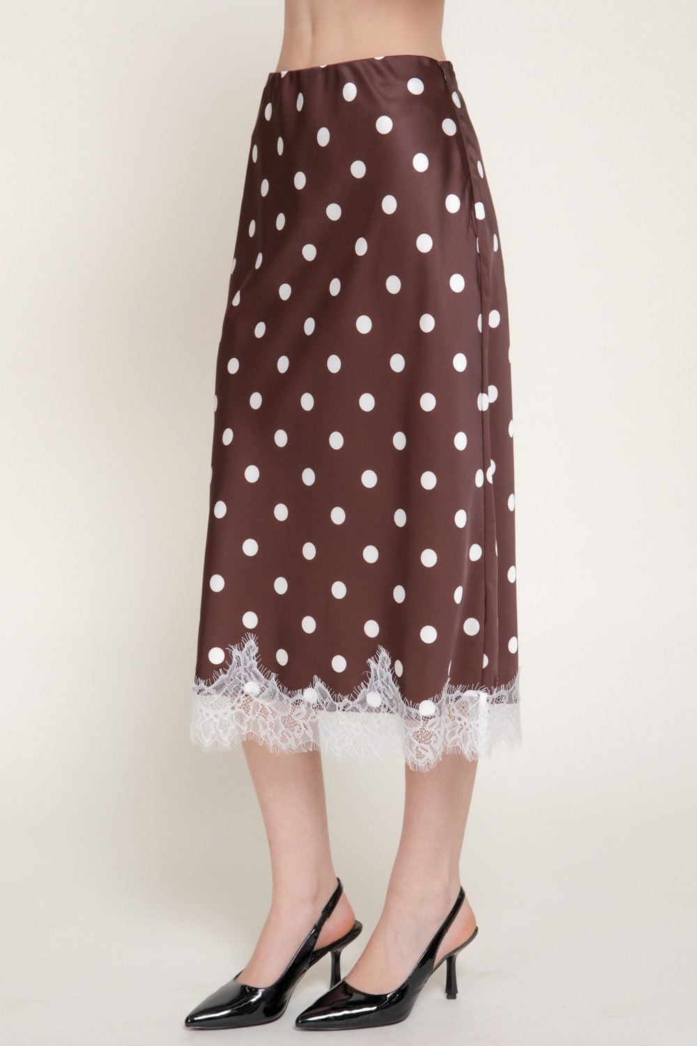 Tonal Lace Trim Dot Print Satin Midi Skirt