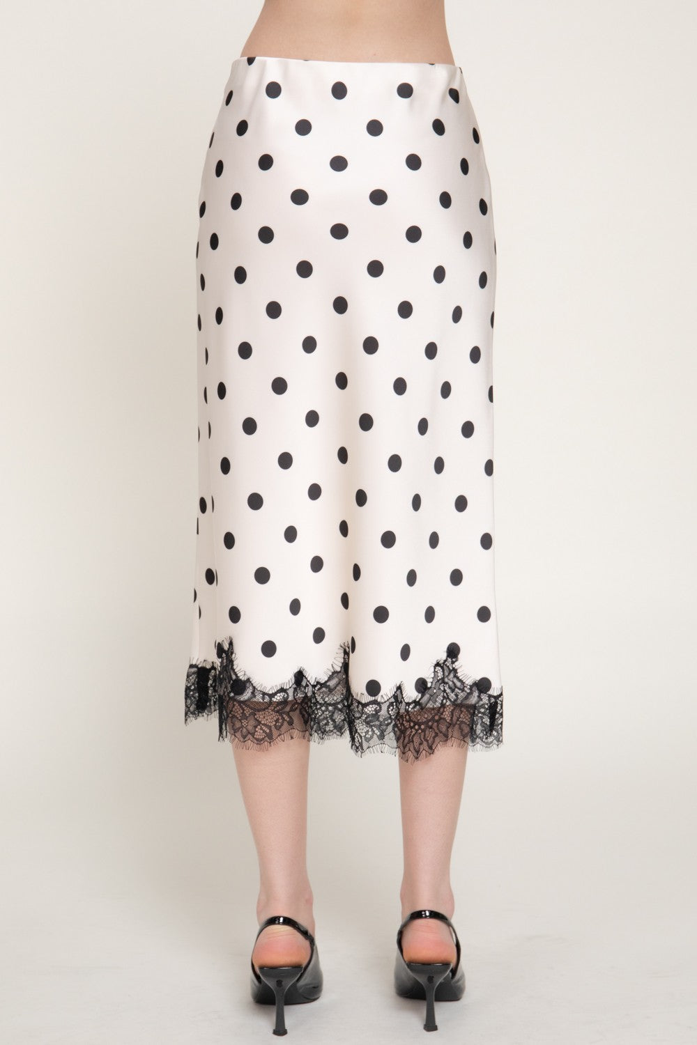 Tonal Lace Trim Dot Print Satin Midi Skirt