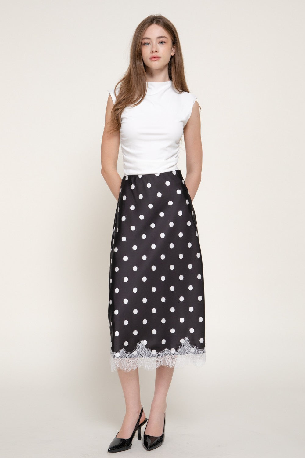 Tonal Lace Trim Dot Print Satin Midi Skirt