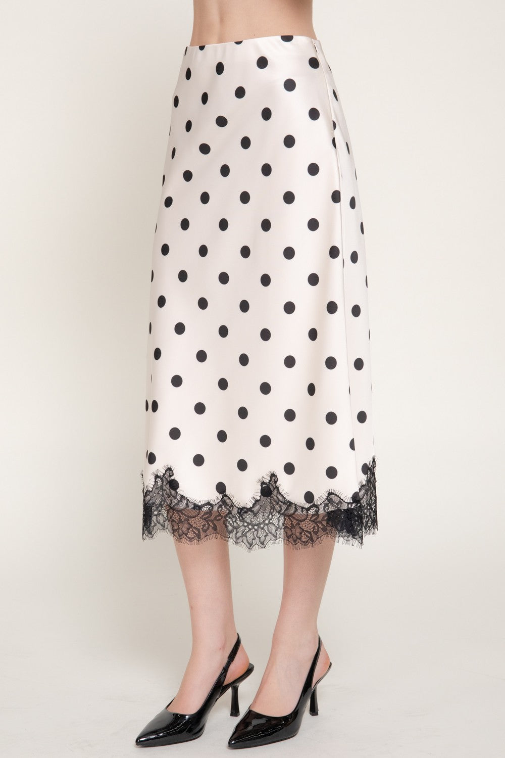 Tonal Lace Trim Dot Print Satin Midi Skirt