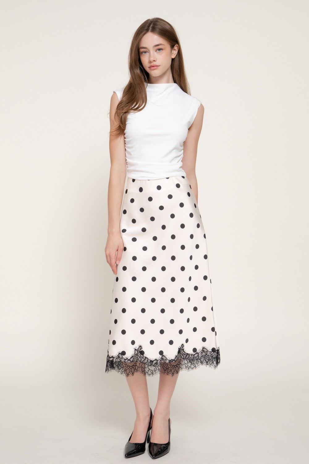 Tonal Lace Trim Dot Print Satin Midi Skirt