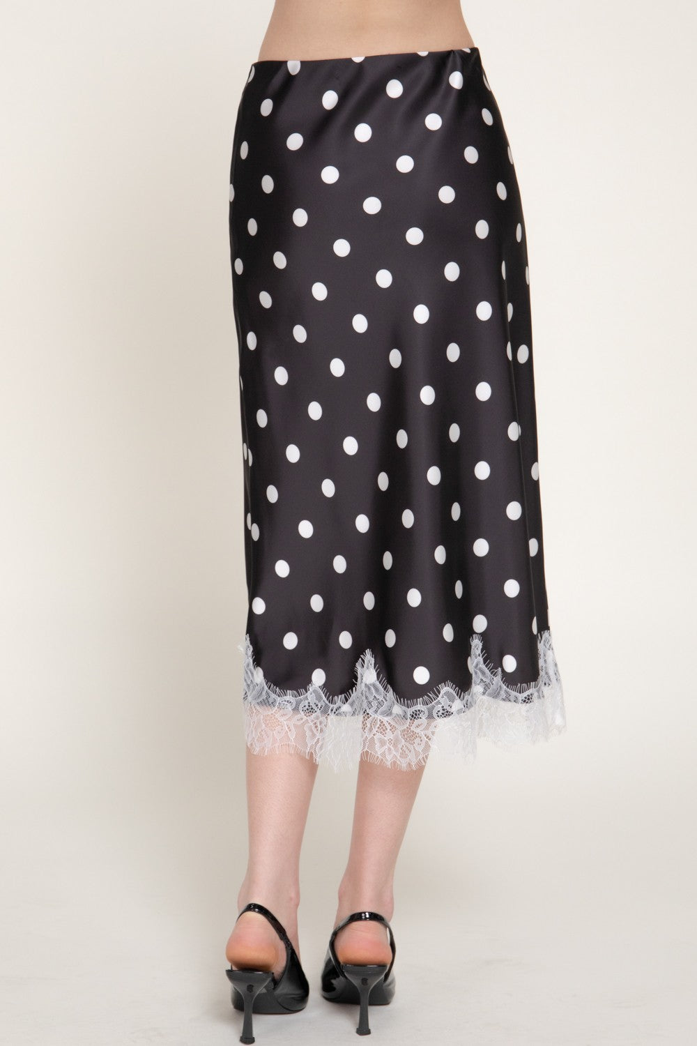 Tonal Lace Trim Dot Print Satin Midi Skirt