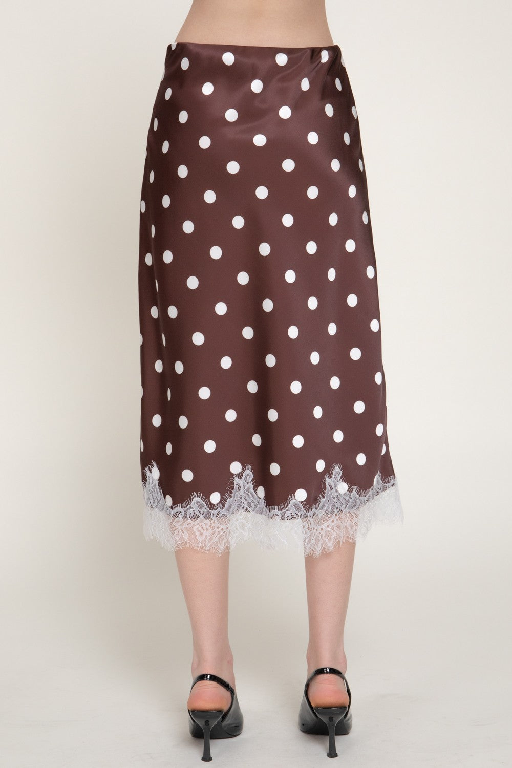 Tonal Lace Trim Dot Print Satin Midi Skirt