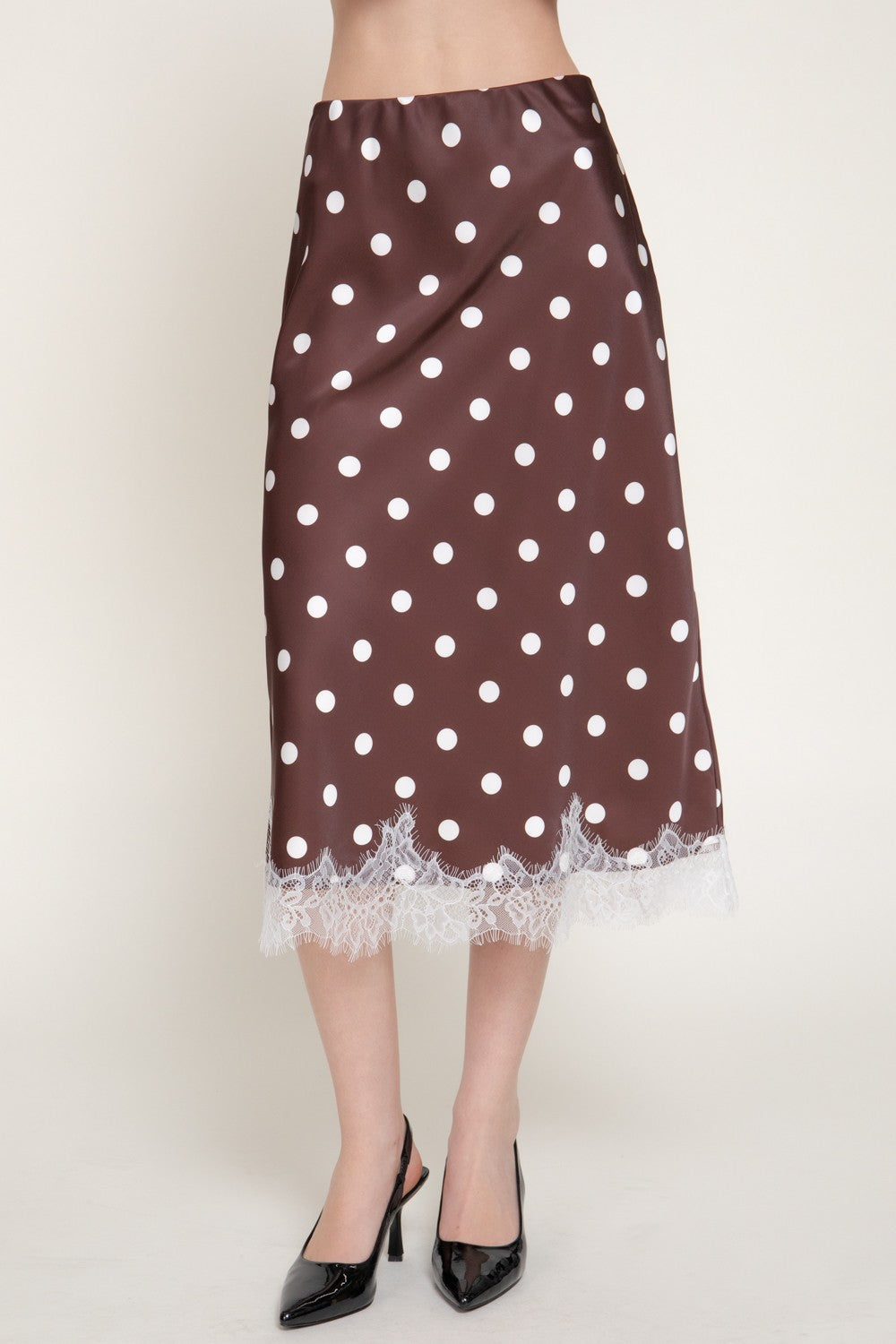 Tonal Lace Trim Dot Print Satin Midi Skirt