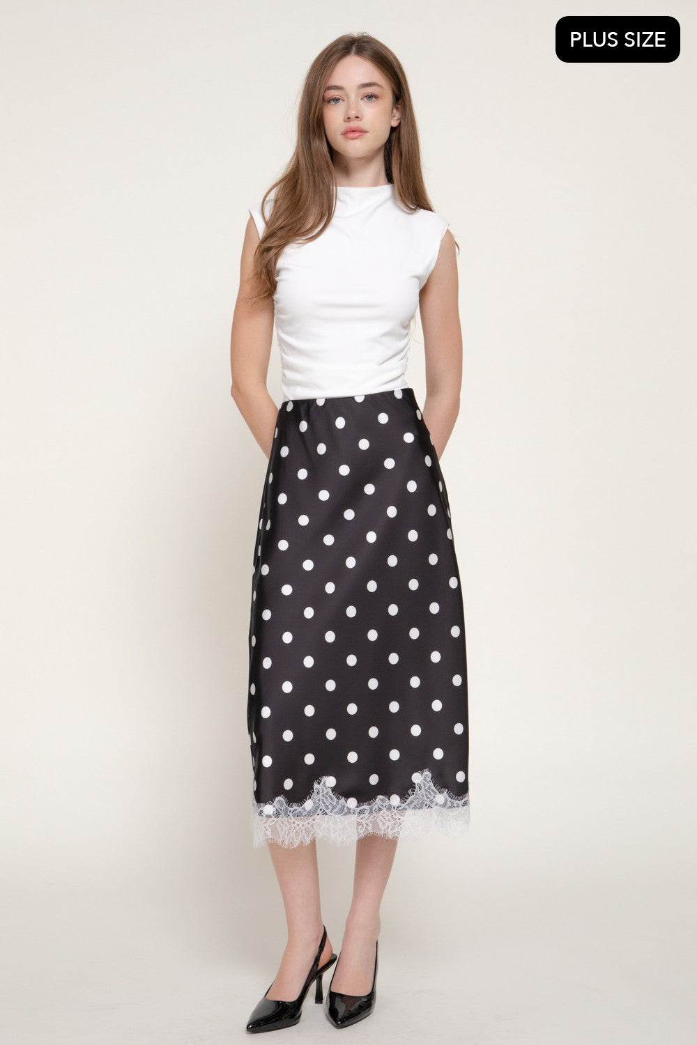Tonal Lace Trim Dot Print Satin Midi Skirt