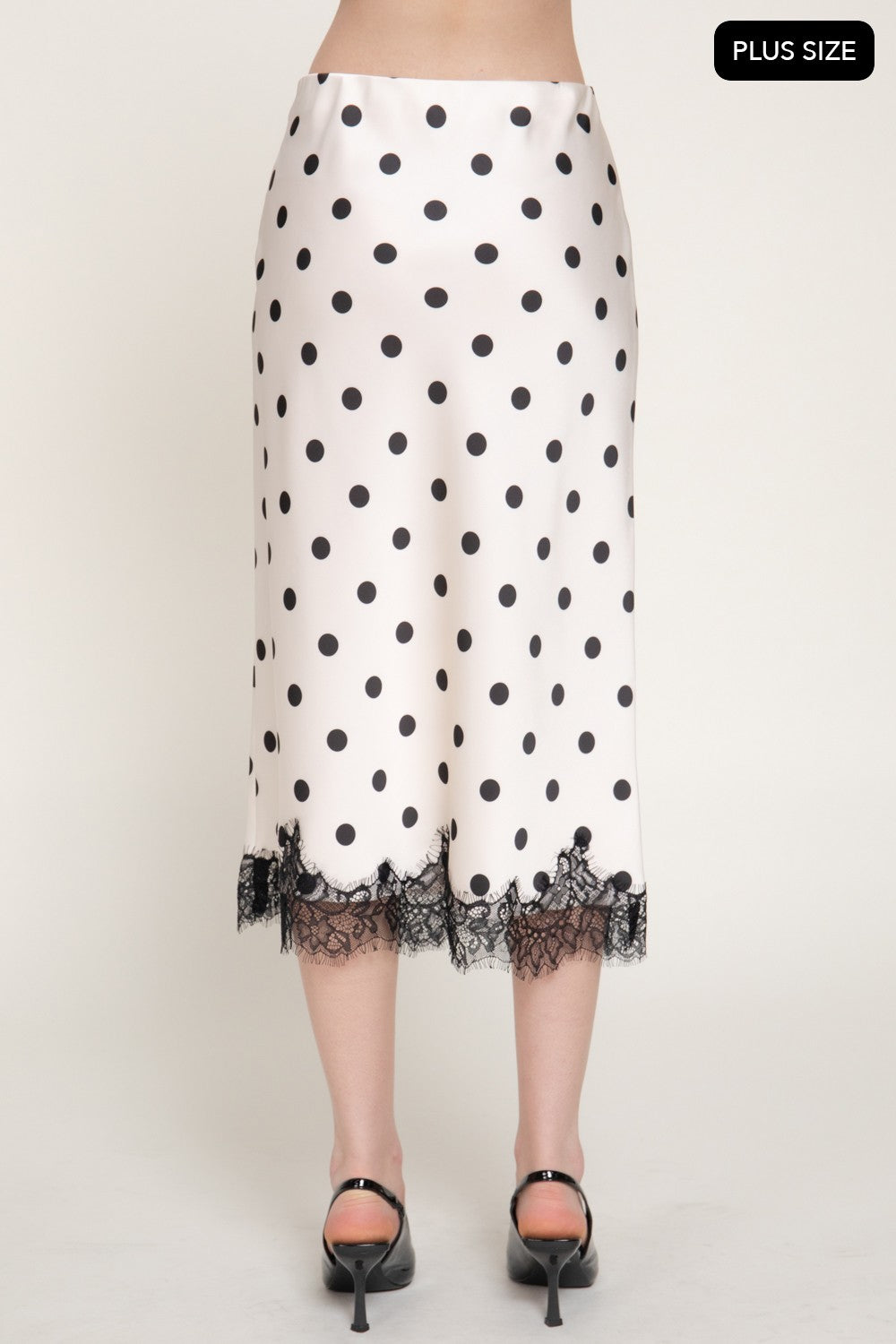 Tonal Lace Trim Dot Print Satin Midi Skirt