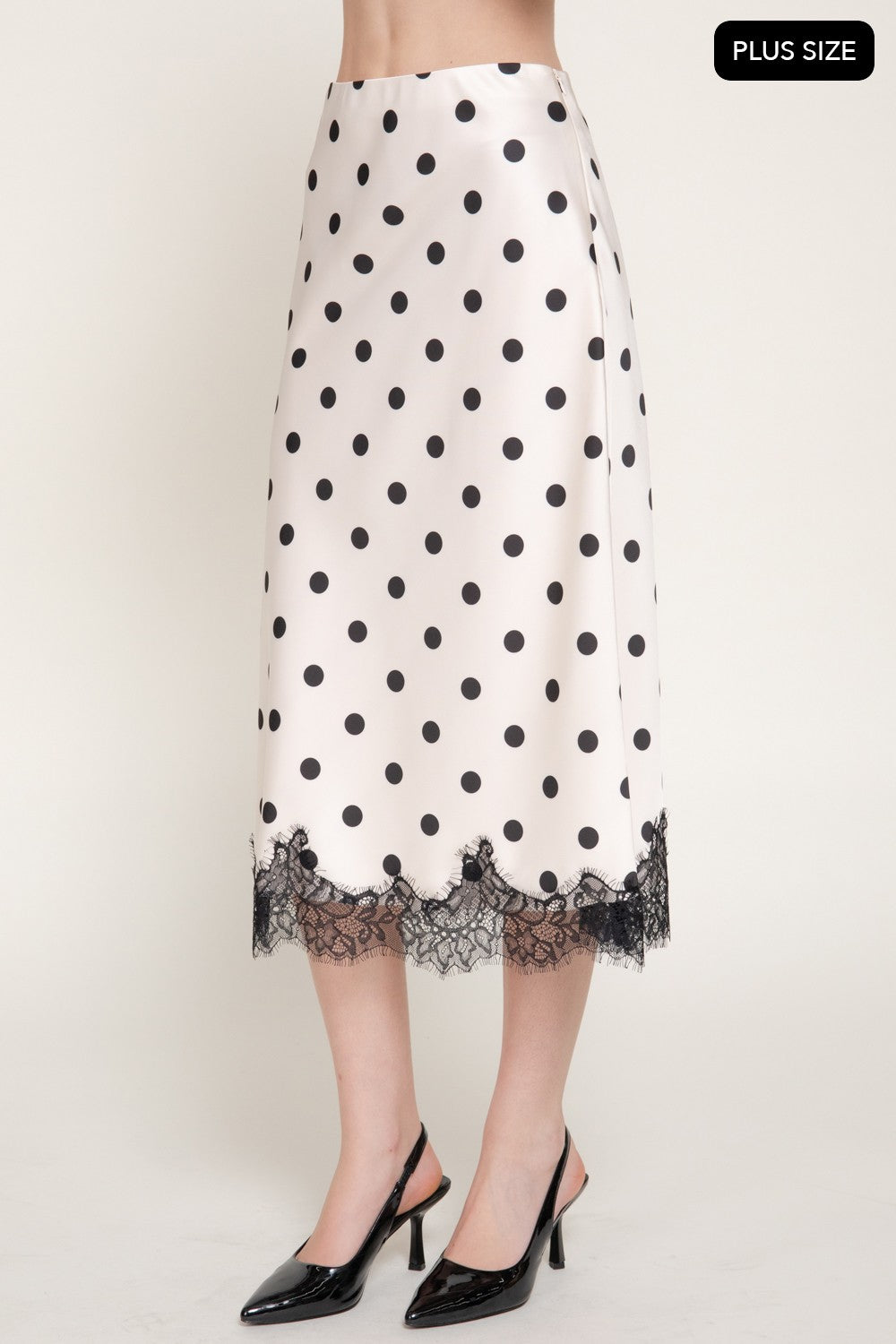 Tonal Lace Trim Dot Print Satin Midi Skirt