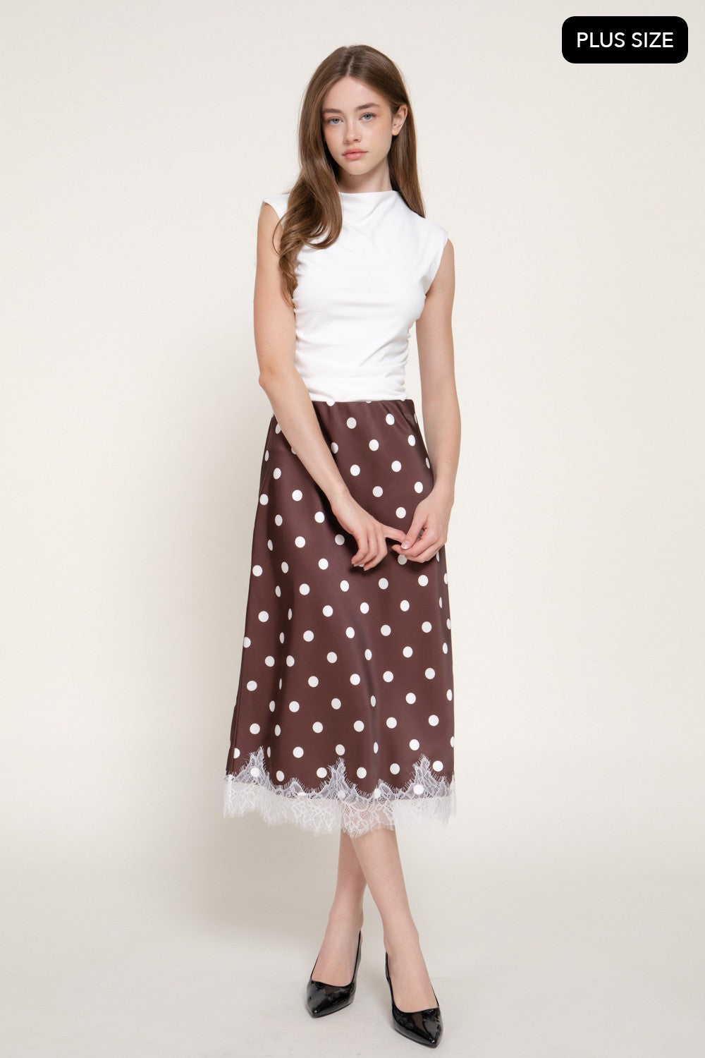 Tonal Lace Trim Dot Print Satin Midi Skirt
