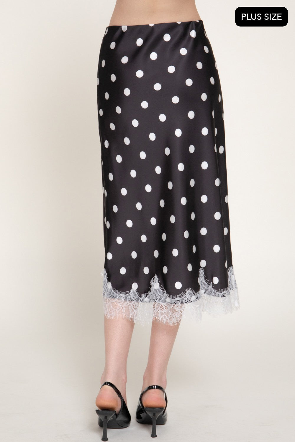 Tonal Lace Trim Dot Print Satin Midi Skirt