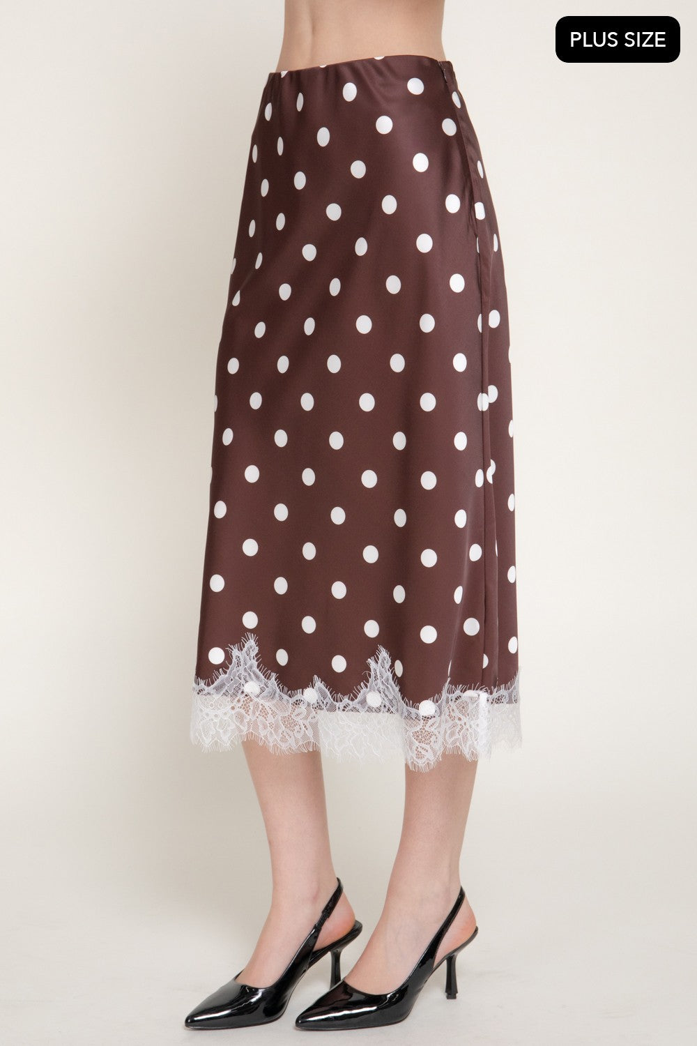 Tonal Lace Trim Dot Print Satin Midi Skirt