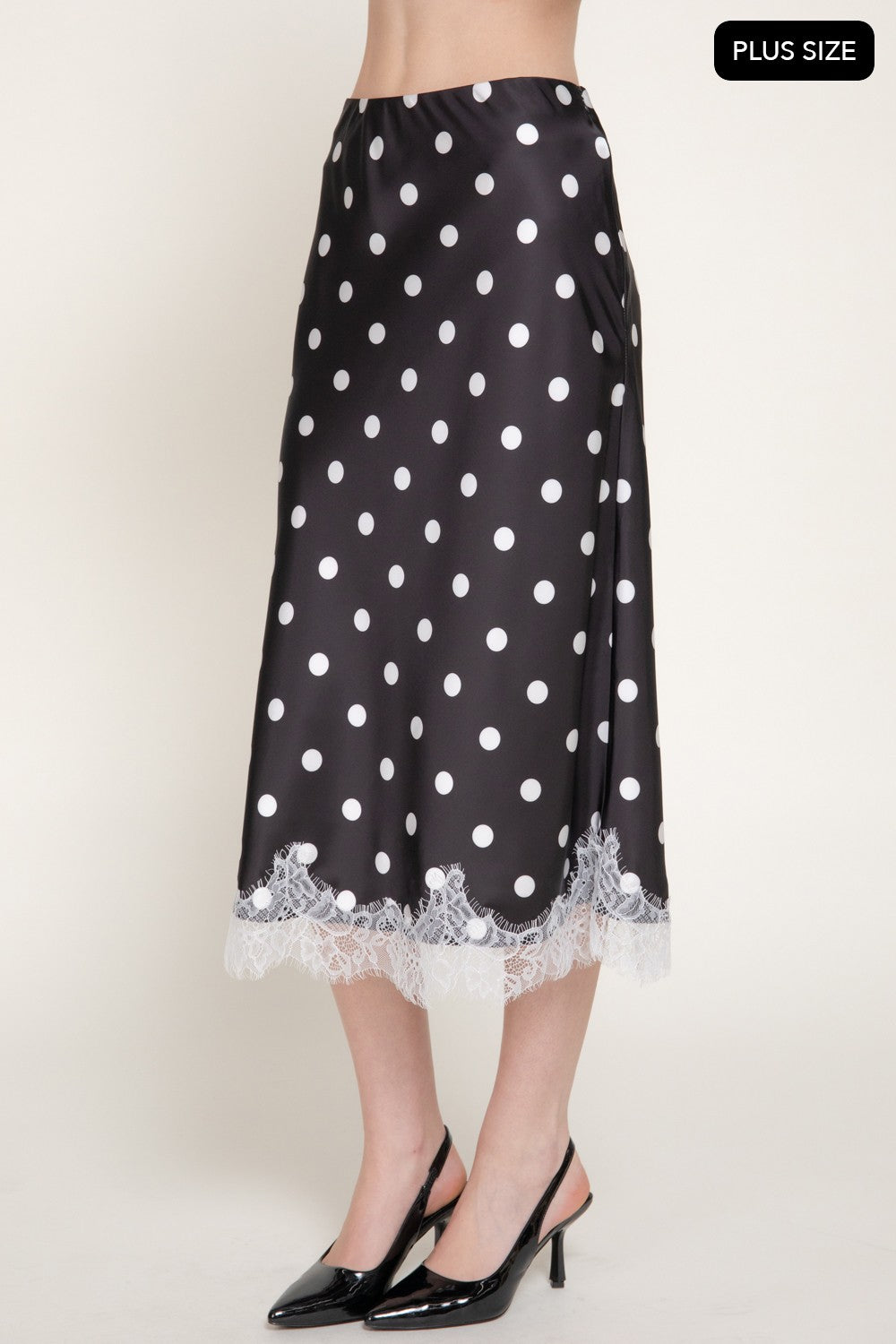 Tonal Lace Trim Dot Print Satin Midi Skirt