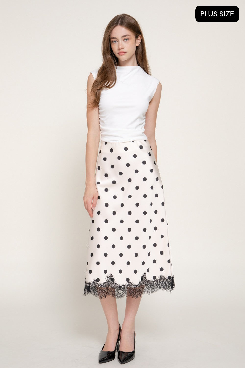 Tonal Lace Trim Dot Print Satin Midi Skirt