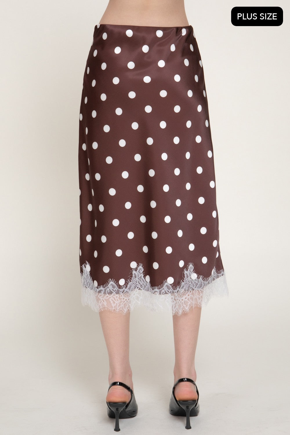 Tonal Lace Trim Dot Print Satin Midi Skirt