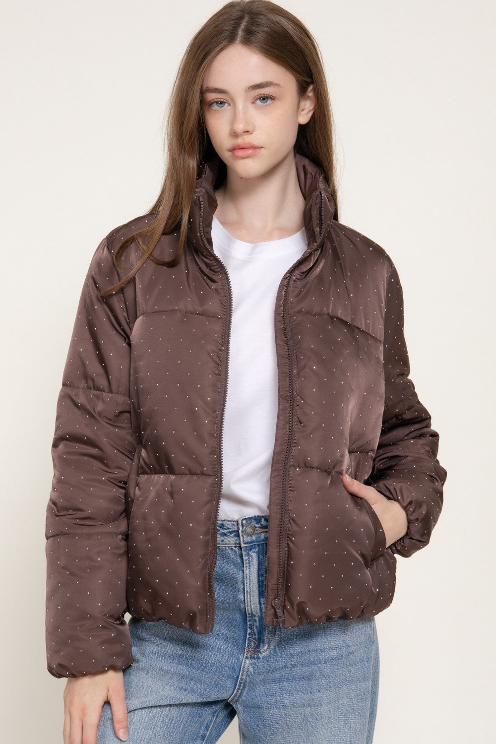 High Neck Rhinestone Detail Puffer Jacket