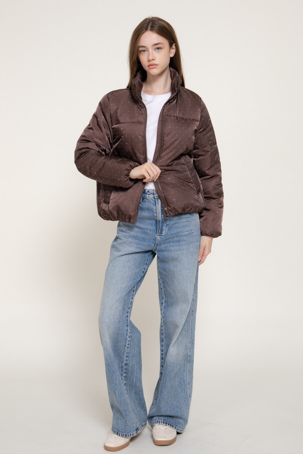 High Neck Rhinestone Detail Puffer Jacket