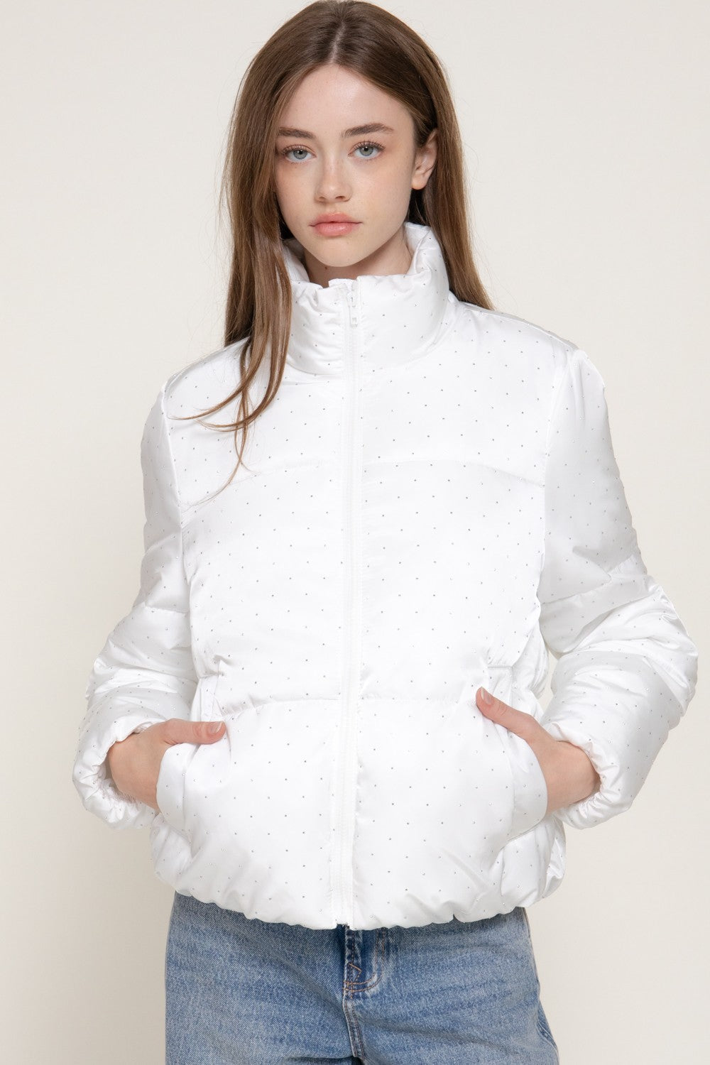 High Neck Rhinestone Detail Puffer Jacket