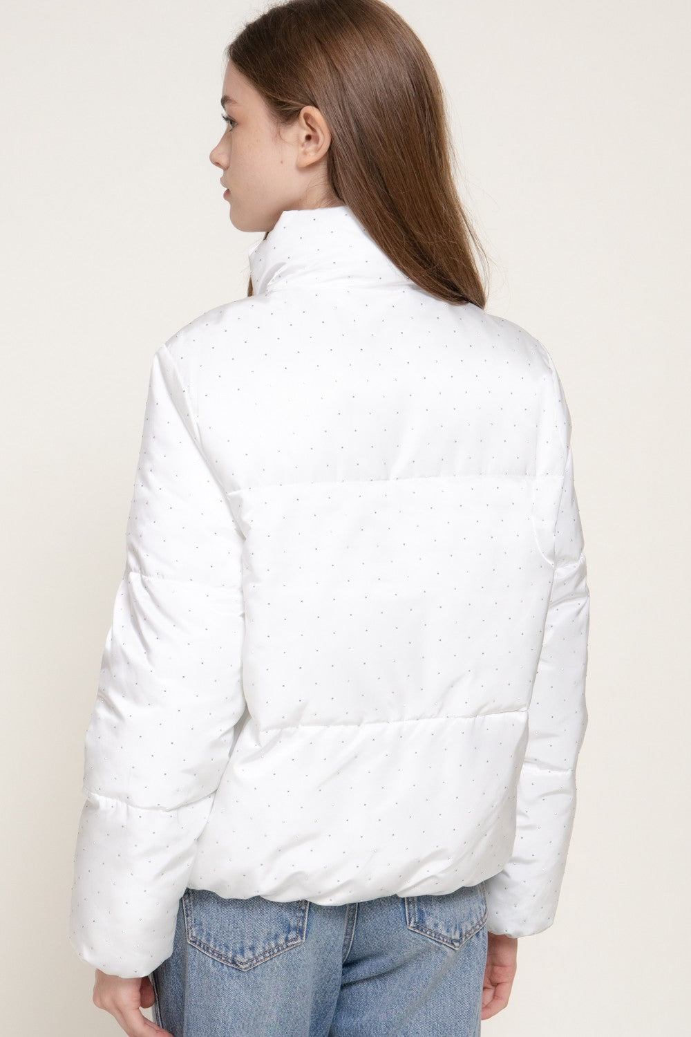 High Neck Rhinestone Detail Puffer Jacket