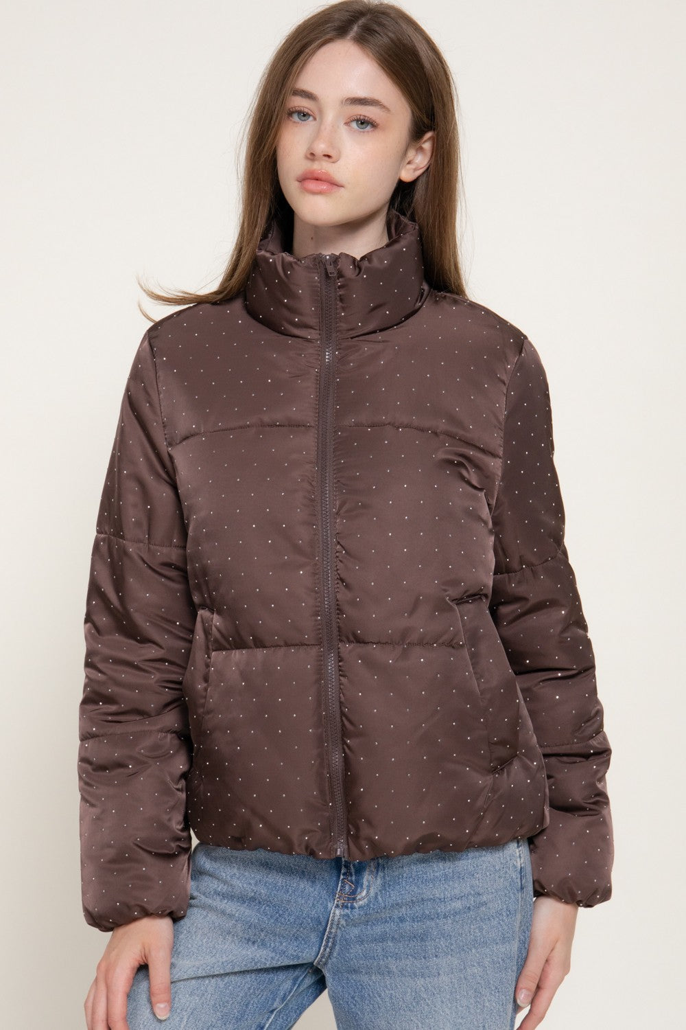 High Neck Rhinestone Detail Puffer Jacket