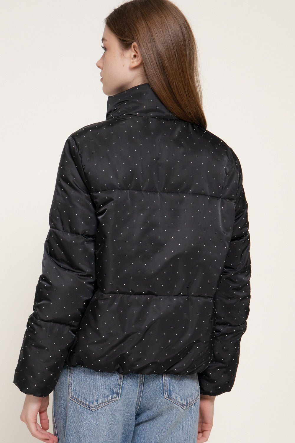High Neck Rhinestone Detail Puffer Jacket