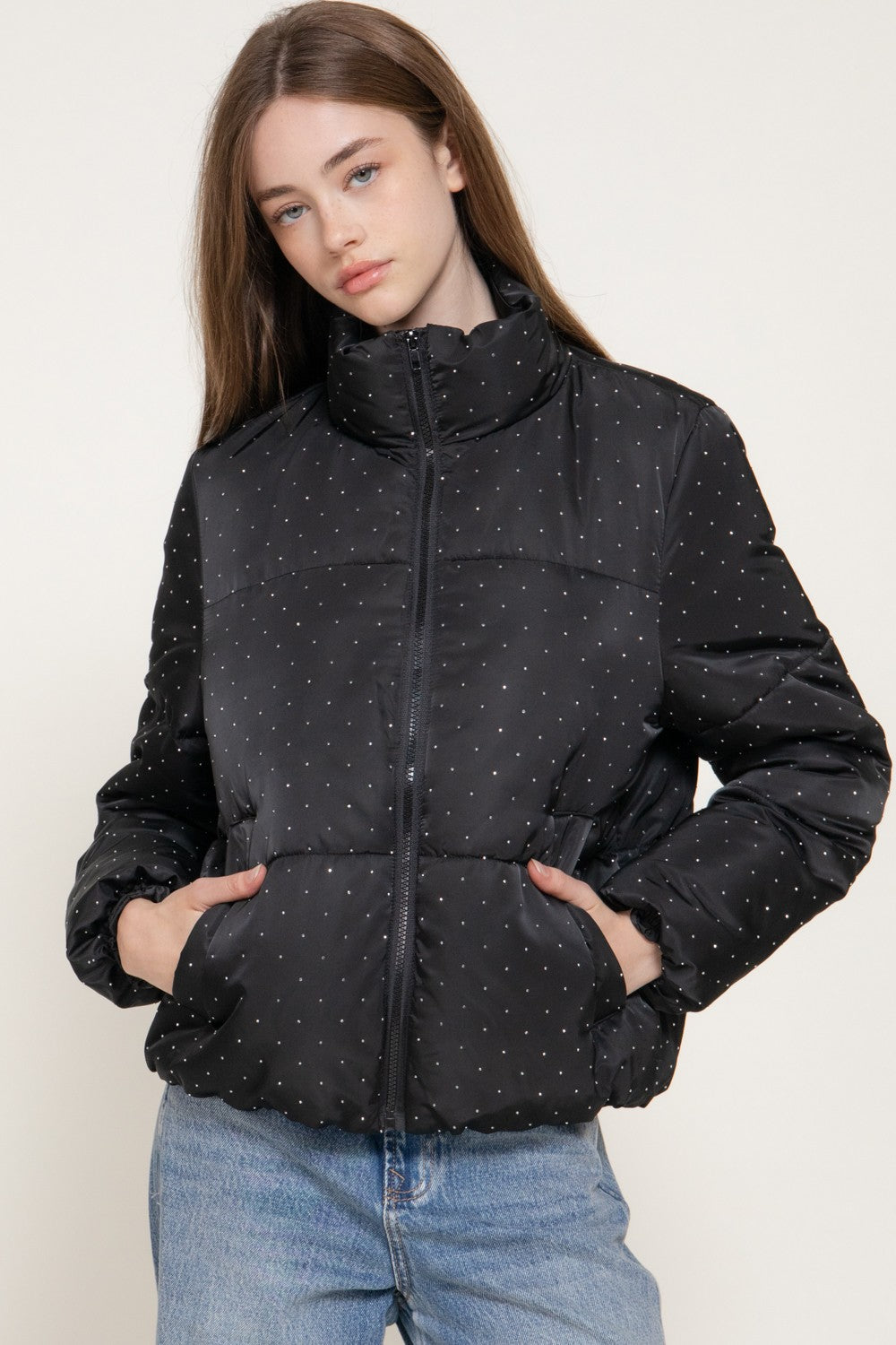 High Neck Rhinestone Detail Puffer Jacket