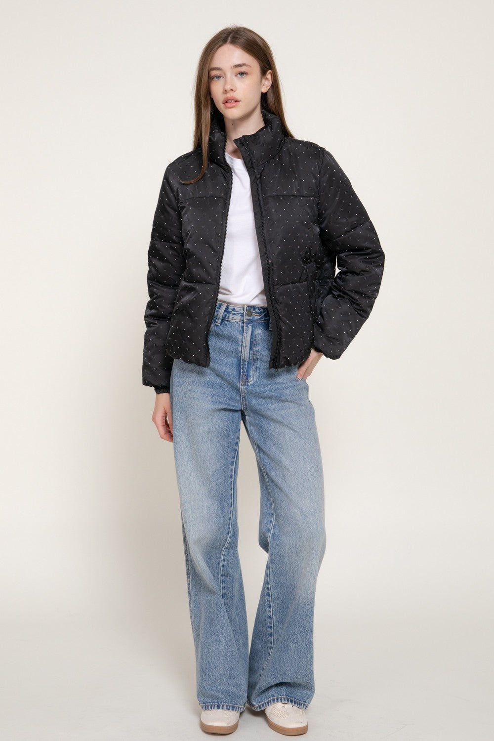 High Neck Rhinestone Detail Puffer Jacket