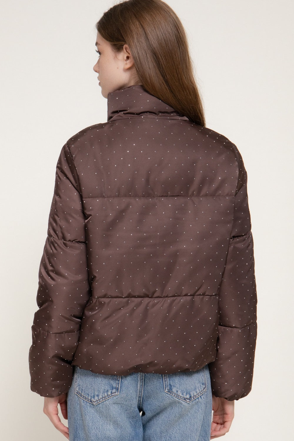 High Neck Rhinestone Detail Puffer Jacket