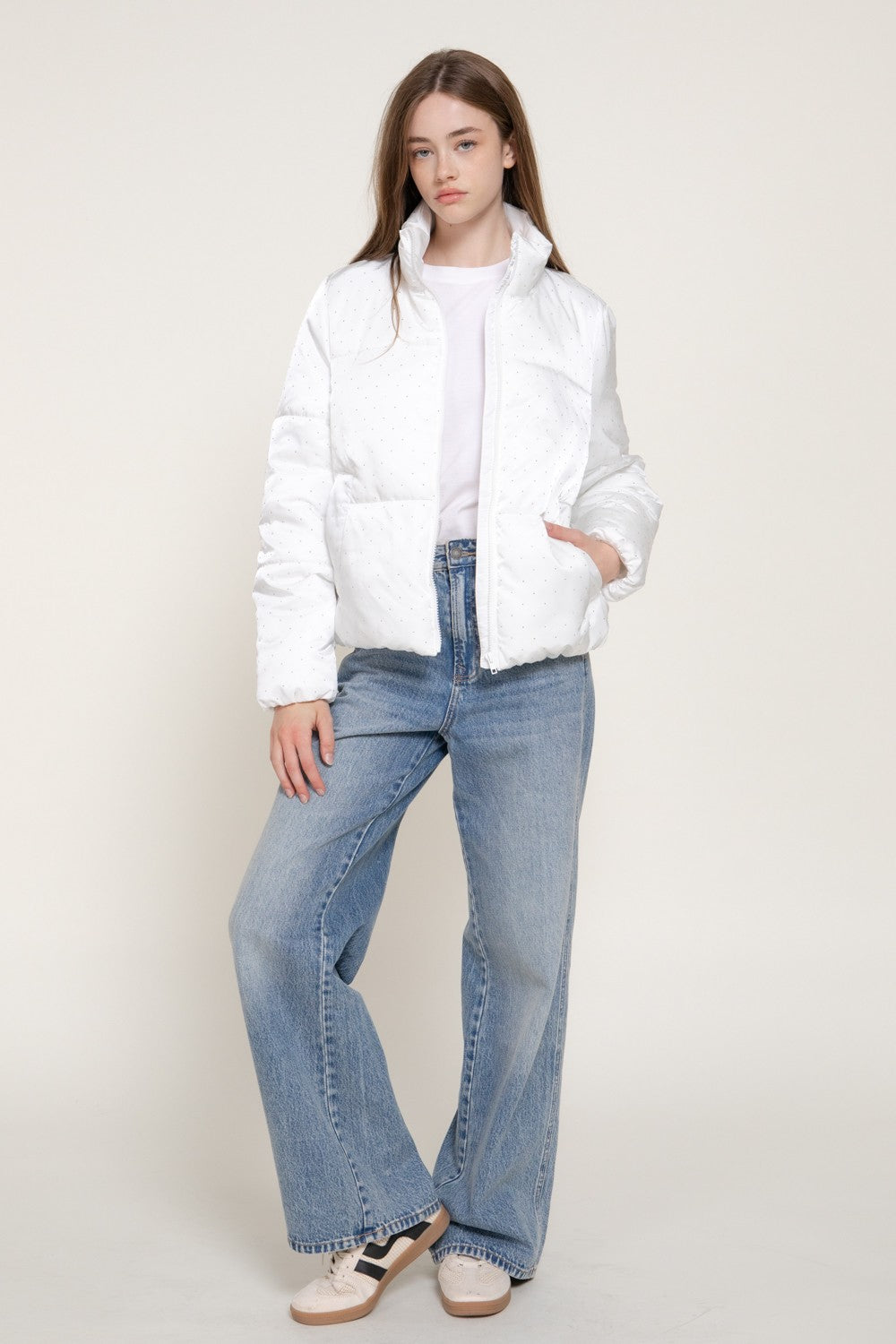 High Neck Rhinestone Detail Puffer Jacket