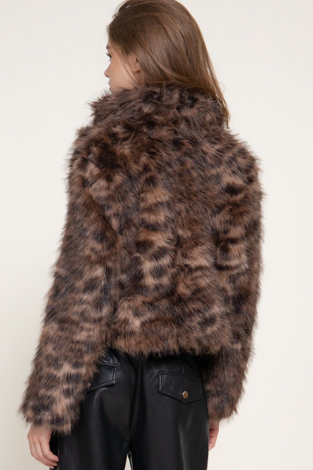 Notched Collar Printed Faux Fur Jacket