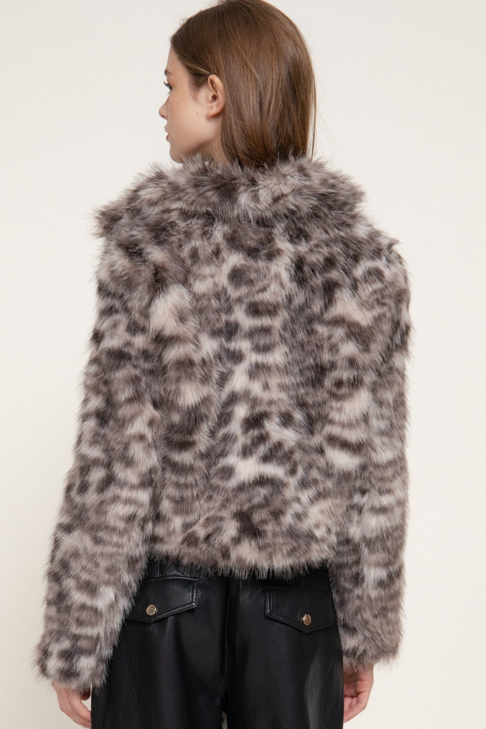 Notched Collar Printed Faux Fur Jacket