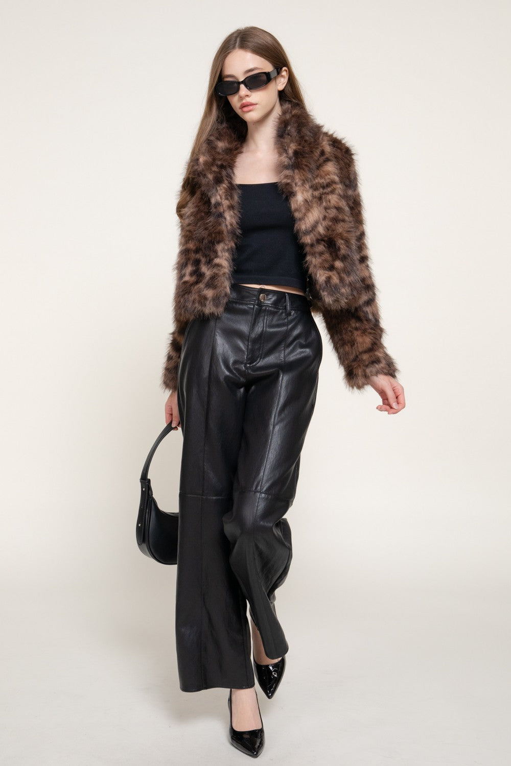 Notched Collar Printed Faux Fur Jacket