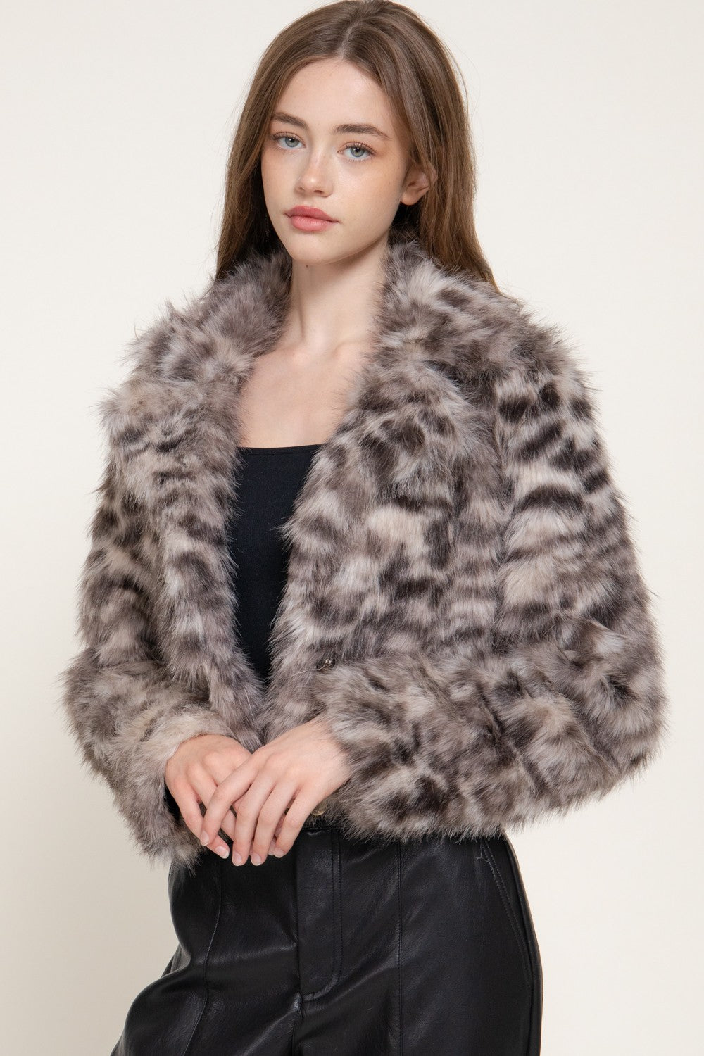 Notched Collar Printed Faux Fur Jacket
