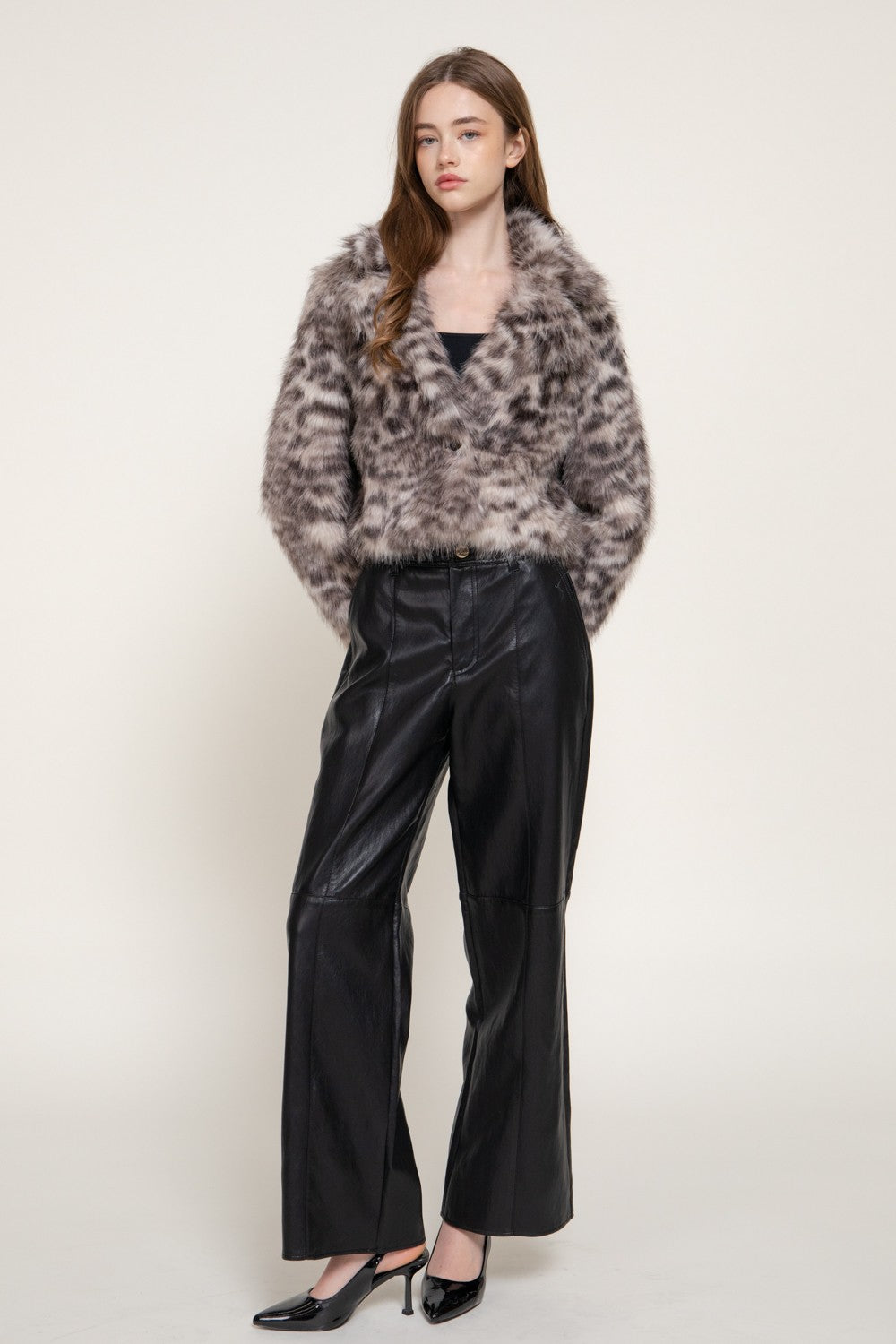 Notched Collar Printed Faux Fur Jacket
