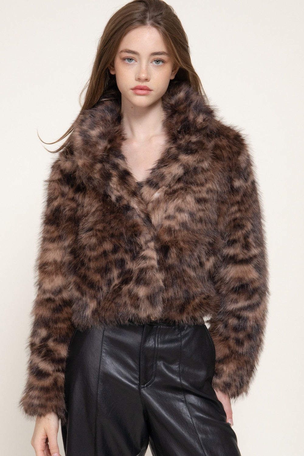 Notched Collar Printed Faux Fur Jacket