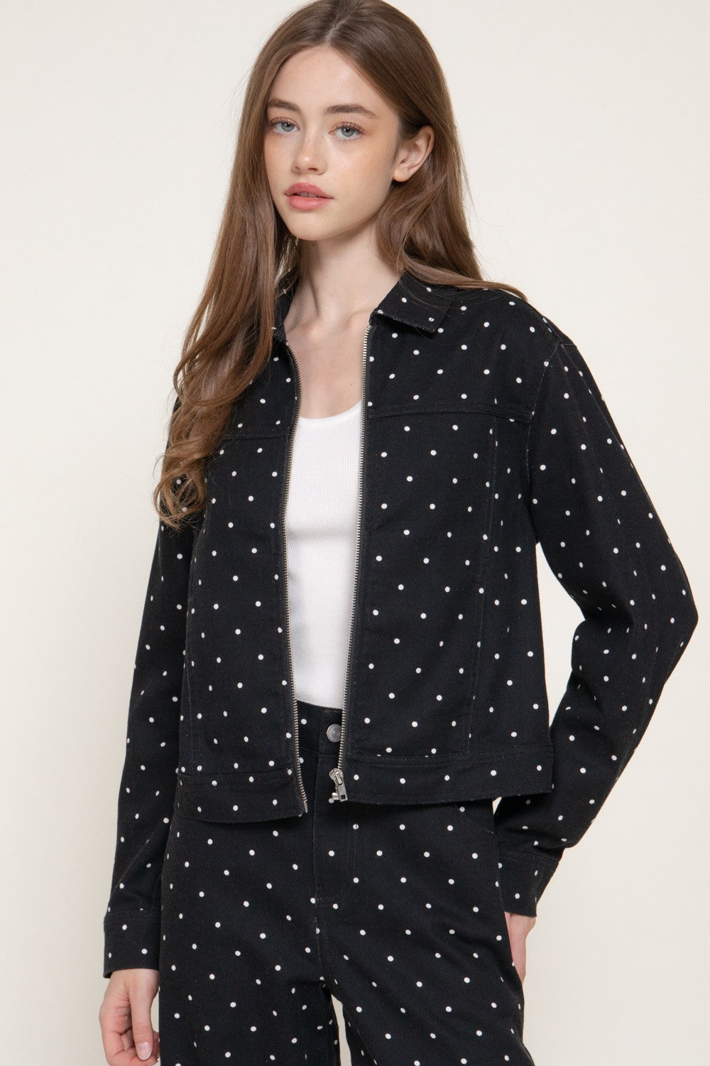 Long Slv Dot Print Cotton Twill Jacket